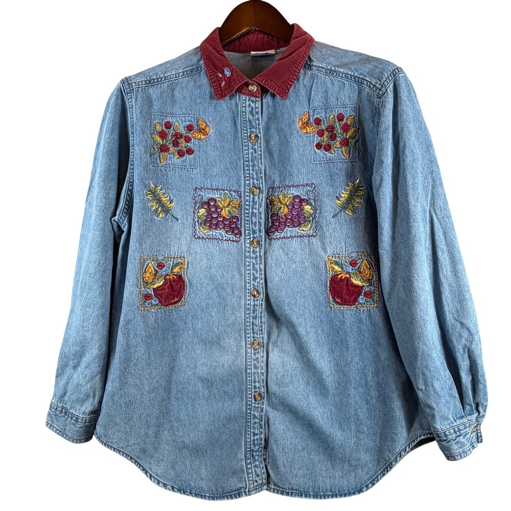VTG Bobbie Brooks L Denim Chambray Embroidered Corduroy Collar Shirt Fall 90s
